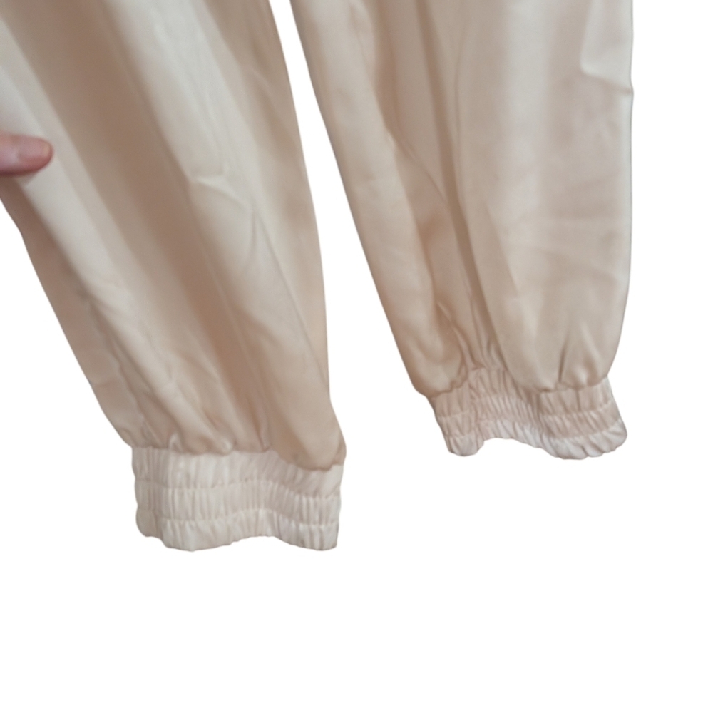 Promesa Champagne Satin Cargo Jumpsuit XL | Cowl Neck Elastic Waist Pockets - Picture 8 of 13